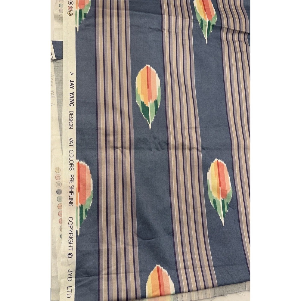 Vintage Jay Yang Design Cotton Fabric Blue Striped Ikat Tulip Print 30x54